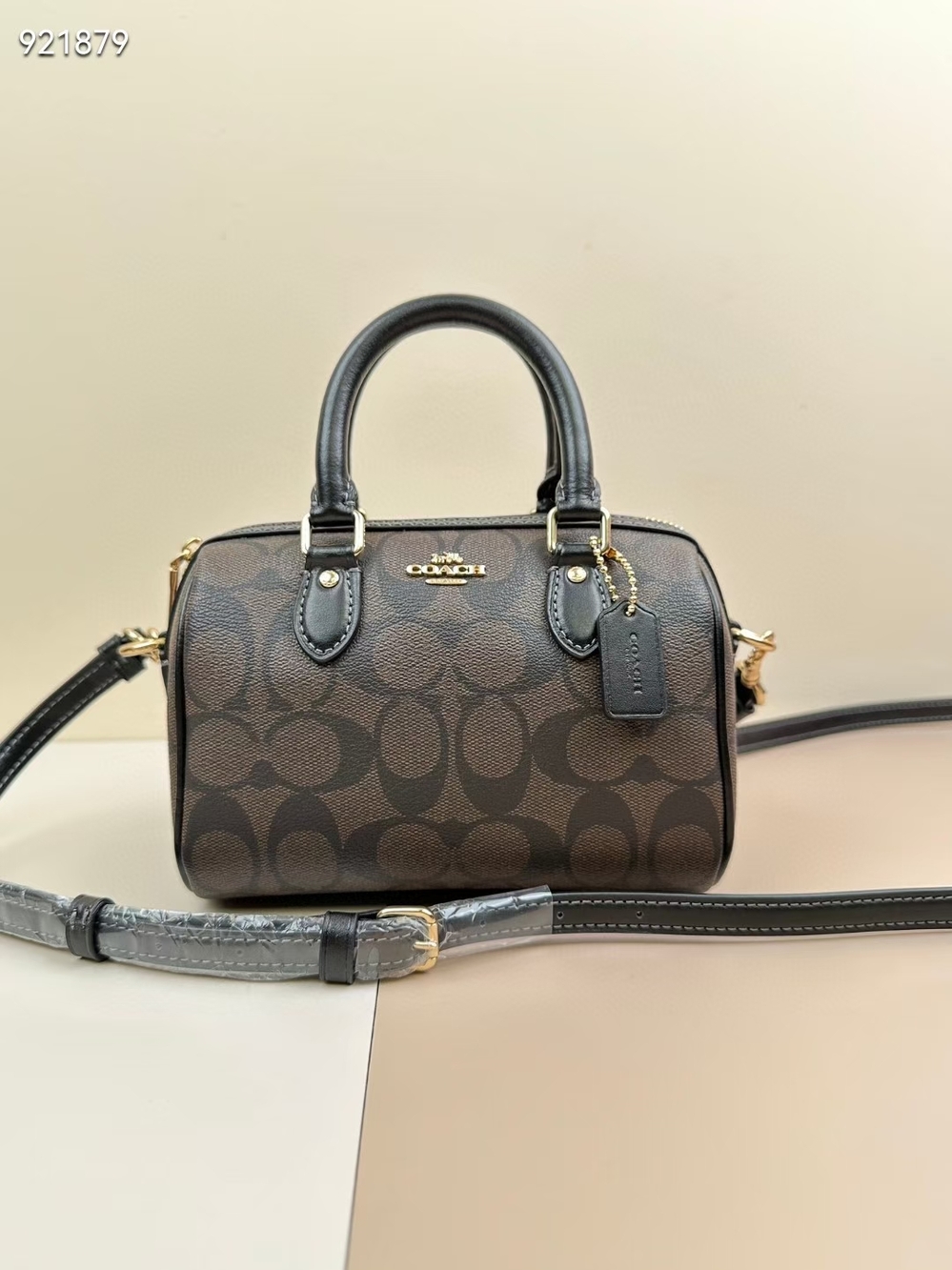 Coach Dark Brown Signature Mini Rowan Boston Crossbody Bag